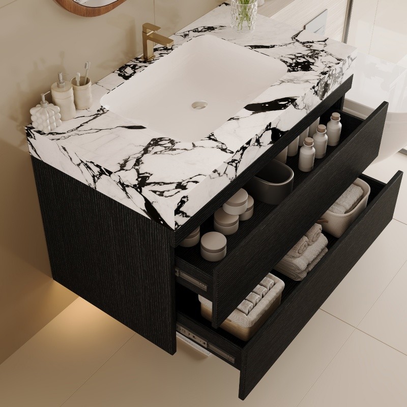 29.9″ Modern Floating Bathroom Vanity with Faux Marble Top and Ceramic Sink