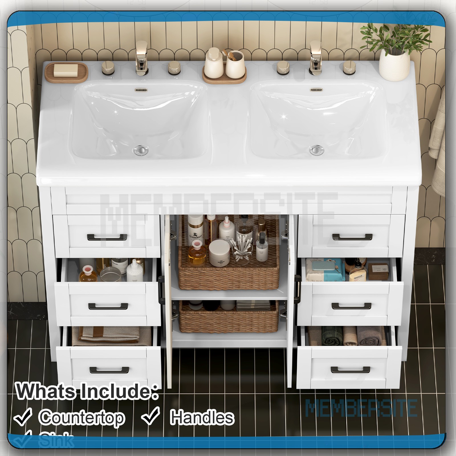 47.3″ Bathroom Vanity Cabinet with Double Sink Ceramic Basin Vanity Freestanding