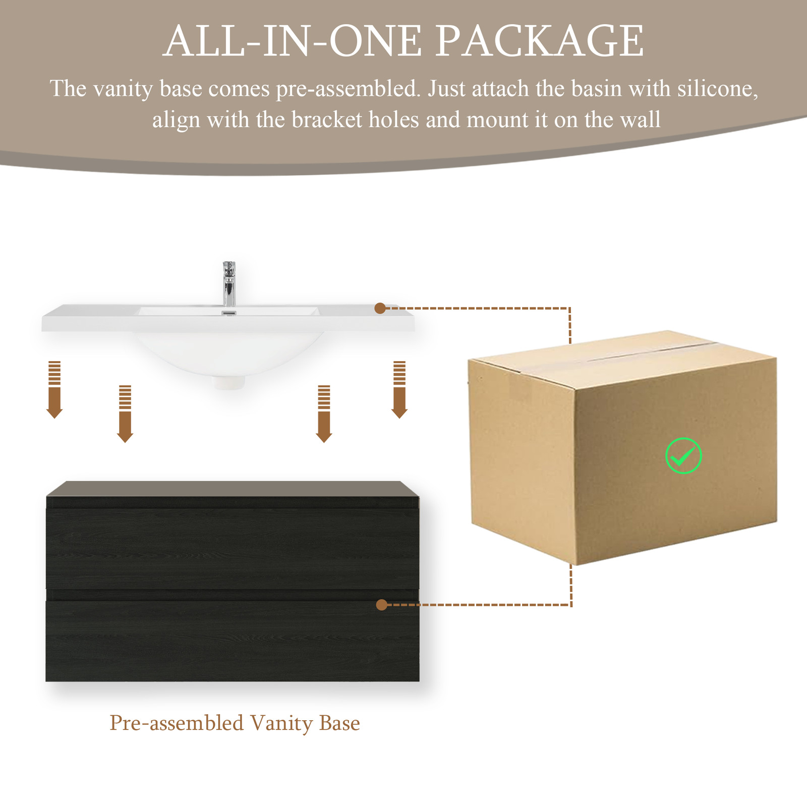 42″Floating Wall-Mounted Bathroom Vanity W/Sink Solid Surface Top Basin Espresso