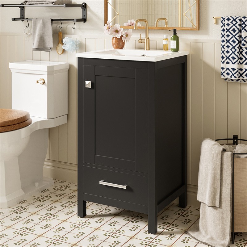 18″ Modern Bathroom Vanity with Ceramic Sink,Soft-Close Drawers & Door Organizer