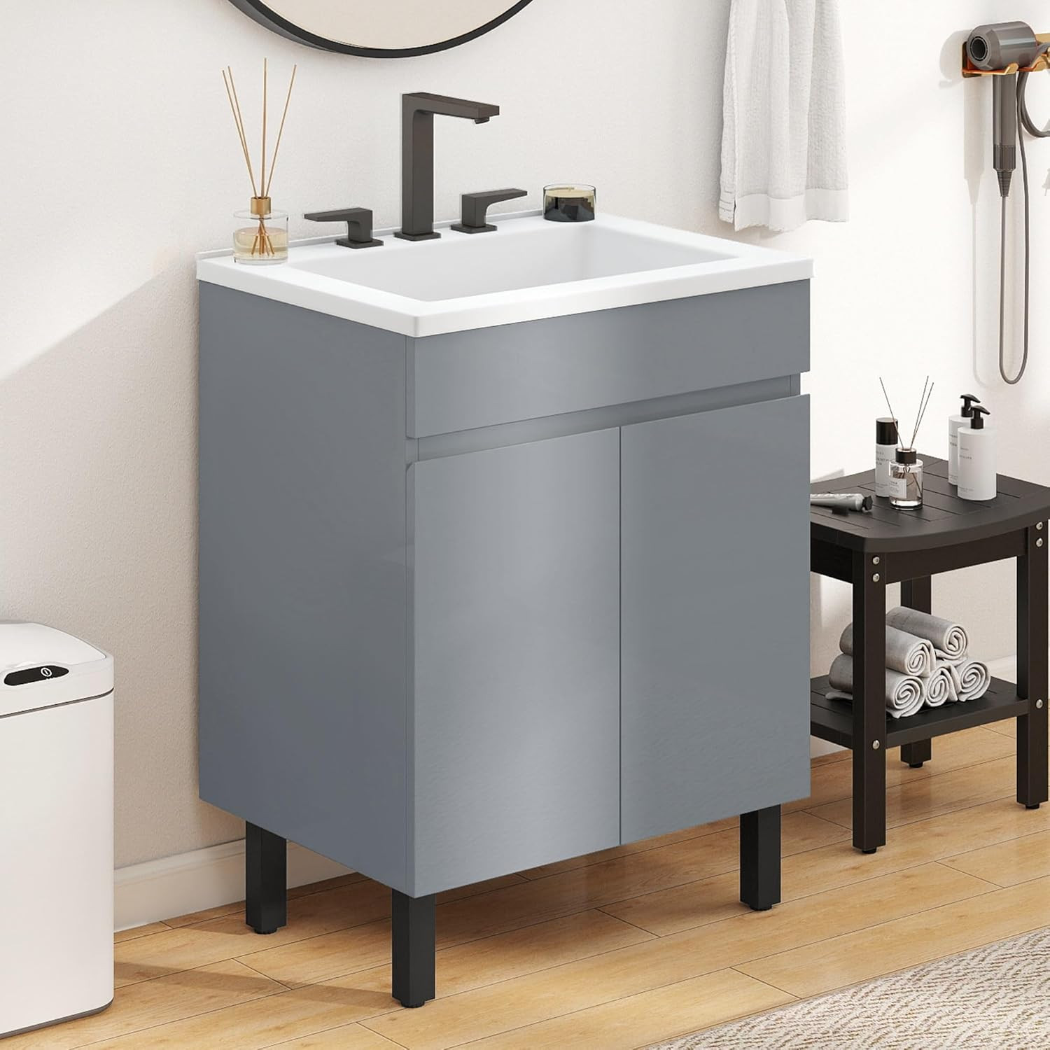 24 Inch Grey Bathroom Vanity with Undermount Sink, Small Bathroom Sink Cabinet,