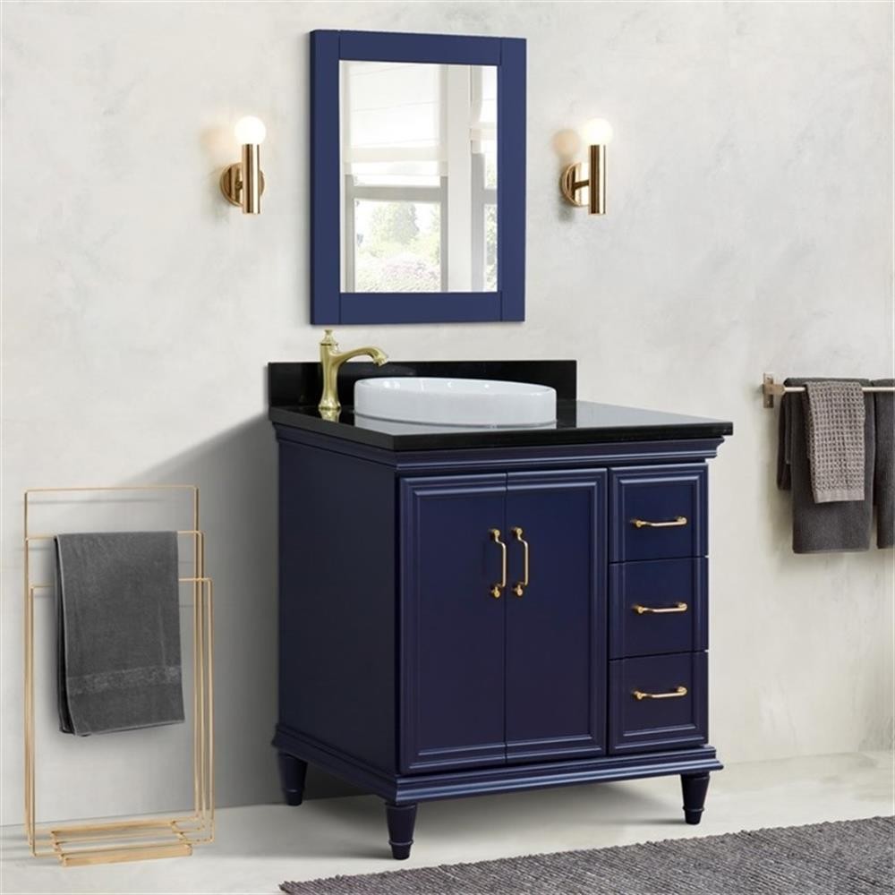 37 in. Single Wooden Vanity Blue Black Galaxy Round Left Door.Left Sink