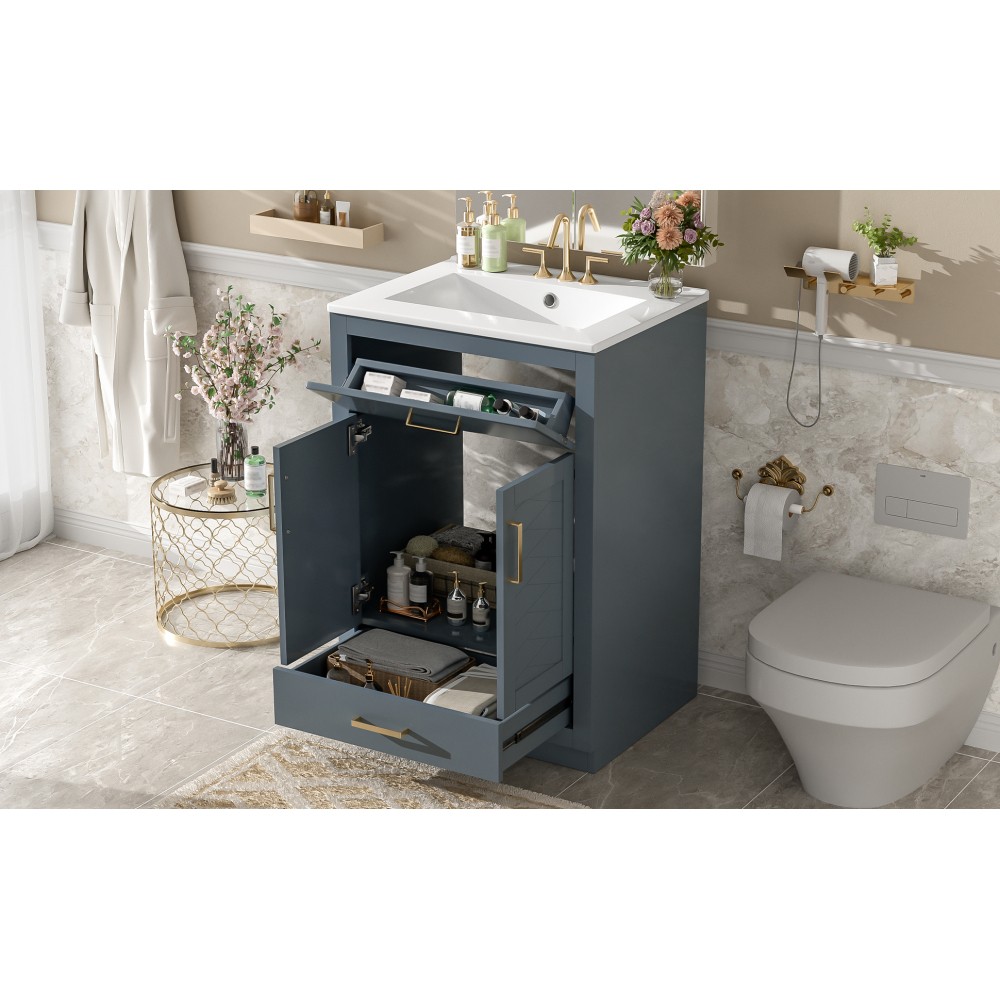 24in Bathroom Vanity Integrated Ceramic Sink 2 Doors 1 Tip-out Drawe