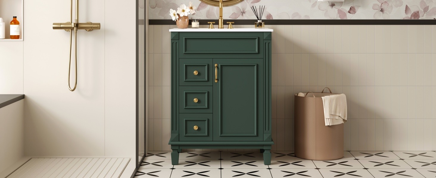24″ Bathroom Vanity with Ceramic Sink, 2 Drawers, Adjustable Shelf