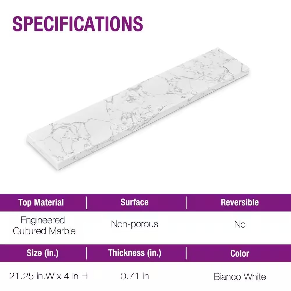 Alaski 21.25″ Cultured Marble Vanity Sidesplash Arabescato White 4″ H