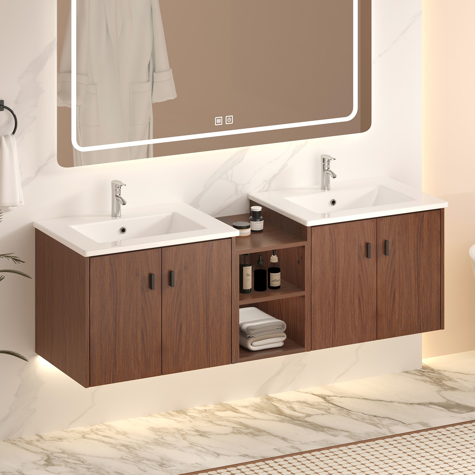 60in reddish brown Bathroom Vanity w/Storage Shelves & Soft Close Doors