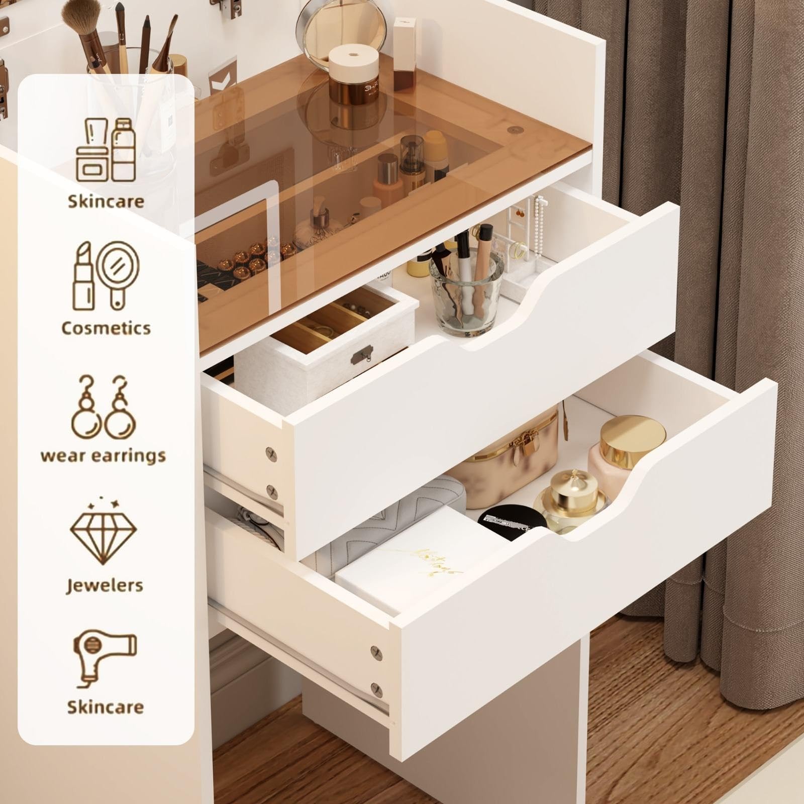 3-in-1 Vanity Desk Set with Mirror Stool LED Lights Drawers Hidden Storage White