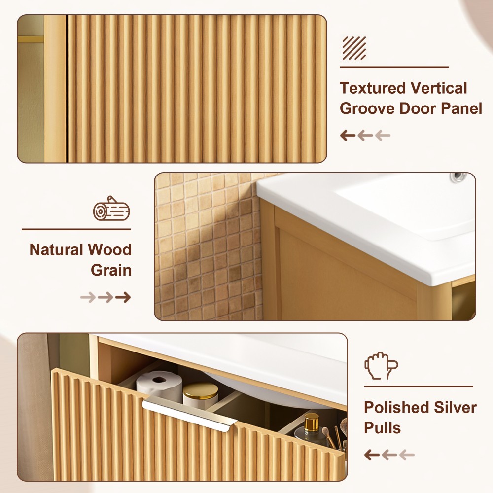 24 Inch Modern Luxury Bathroom Vanity Natural Wood Cabinet with Ceramic