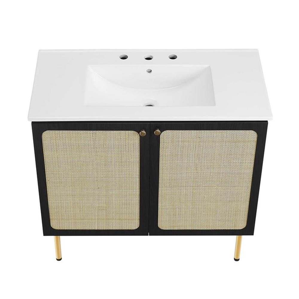 Modway Chaucer 36″ Wood & Rattan Bathroom Vanity in Black/White
