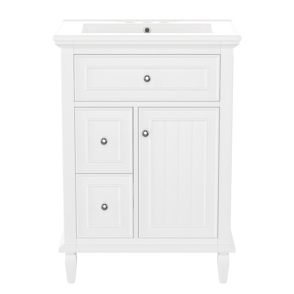 24 Inch White Bathroom Vanity with Ceramic Sink Solid Wood MDF Cabinet