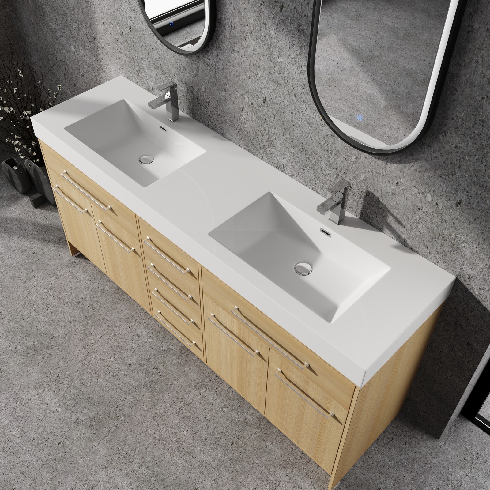 72 in Plywood Bathroom Vanity Freestanding W/Double Resin Sink+4 Doors 6 Drawers