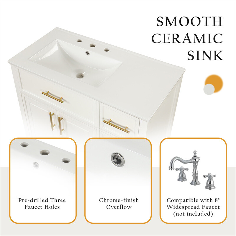 36″ White Bathroom Vanity w/Ceramic Sink Bathroom Cabinet w/2 Doors & 3 Drawers