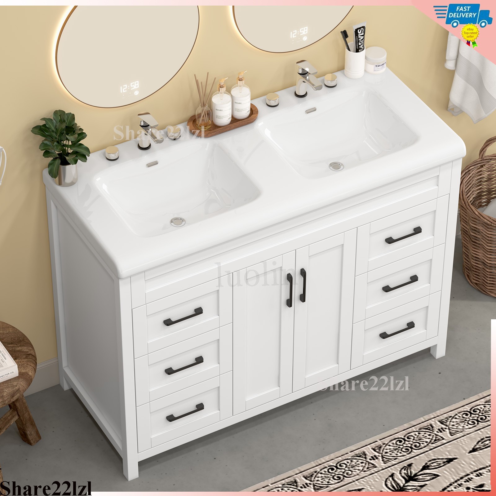 47″ Bathroom Vanity Set with Double Ceramic Sinks Artificial Marble Countertop