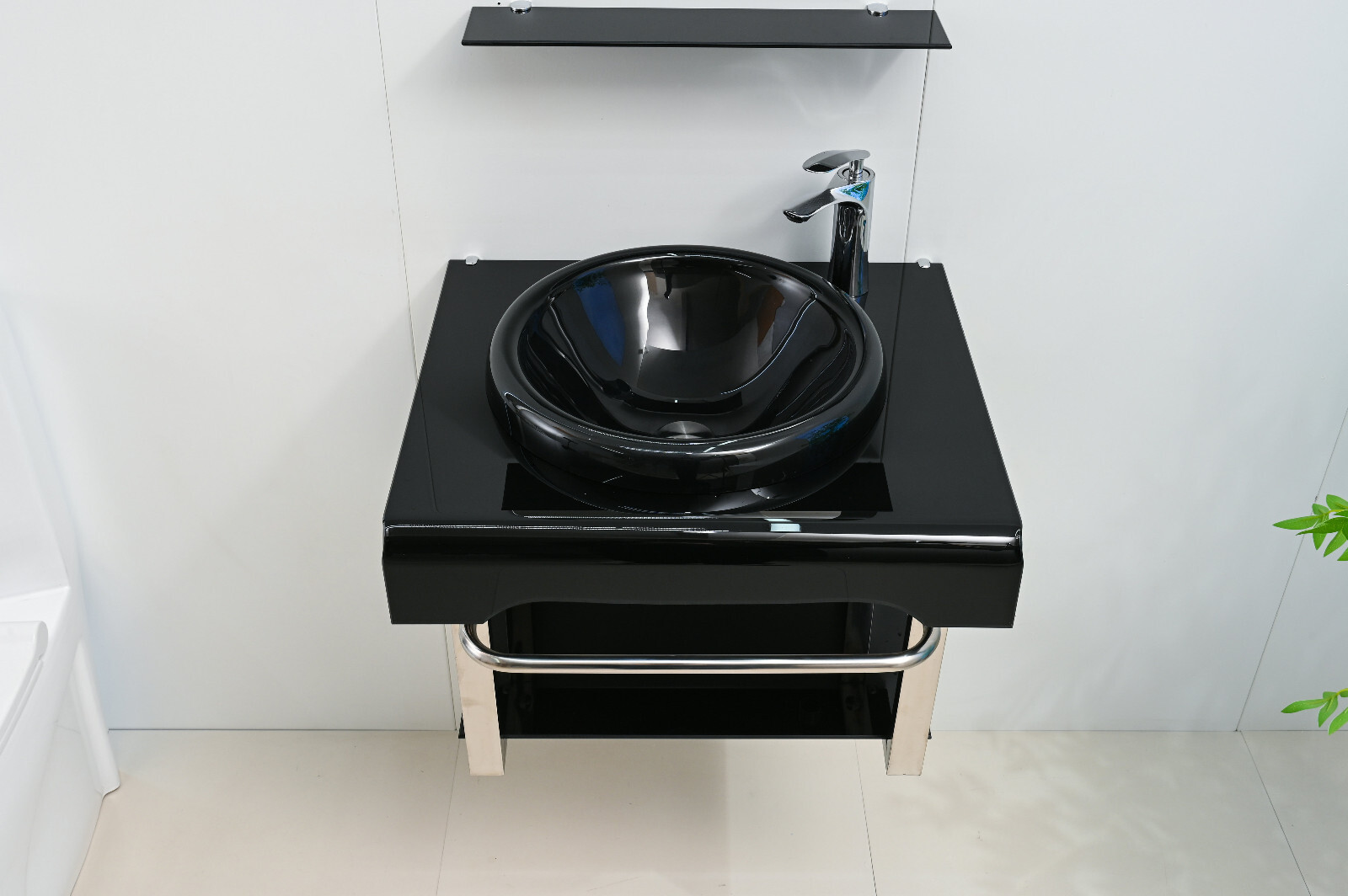 24″ Wide Modern Tempered Glass & Stainless-Steel Set include mirror and shelve