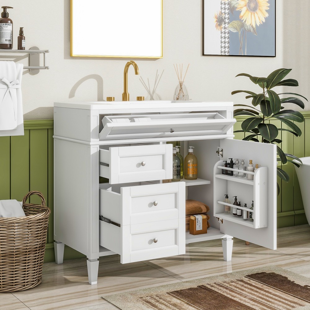 36 Inch Single Sink Bathroom Vanity Gloss Ceramic Top Storage Drawers