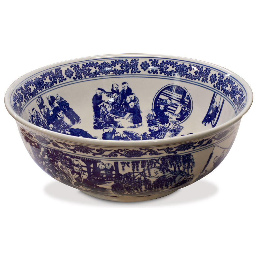 US Seller – Blue and White Porcelain Schoolyard Scene Oriental Basin