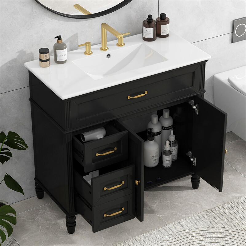 36″ Bathroom Vanity Set with Sink, Black Bathroom Cabinet w/3 Drawers & 2 Doors