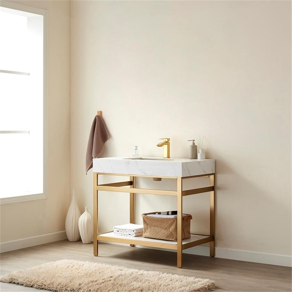 Funes 36″ Single Sink Bathroom Vanity in Brushed Gold Frame White Top No Mirror