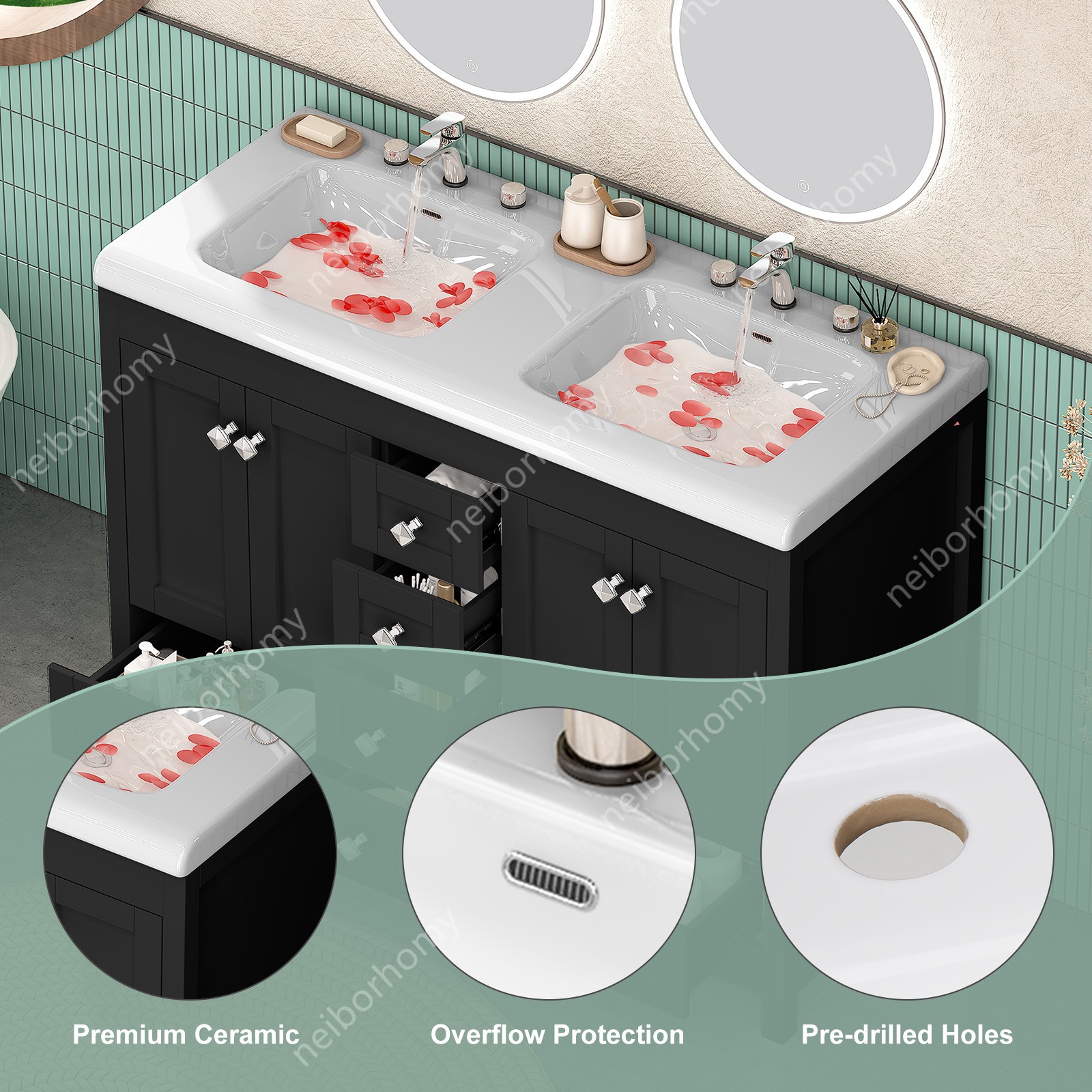 47″ Bathroom Vanity Cabinet with Double Sink Ceramic and 5 Drawers Freestanding