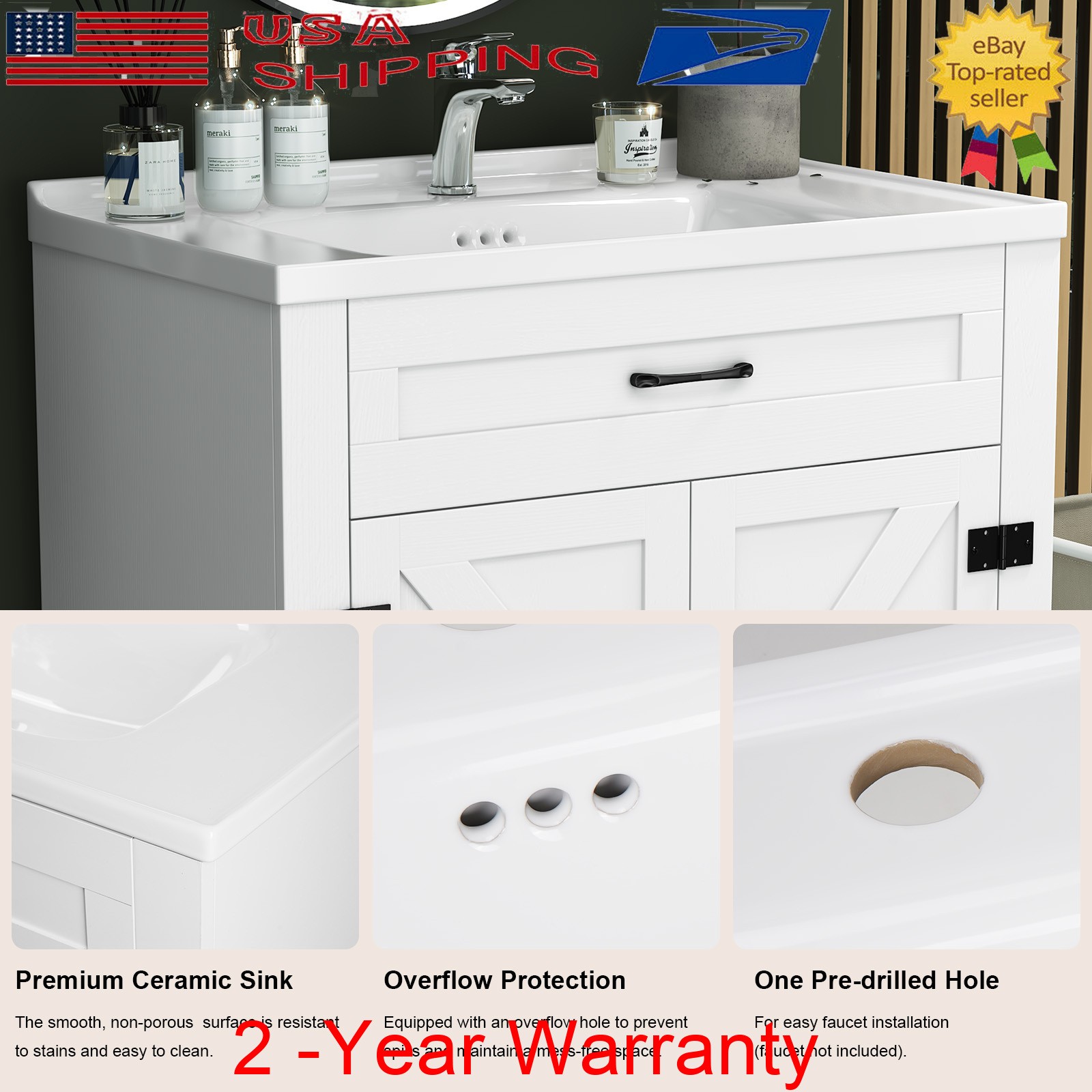 Freestanding Bathroom Vanity w/ Ceramic Sink & Soft-Close Door Storage Cabinet