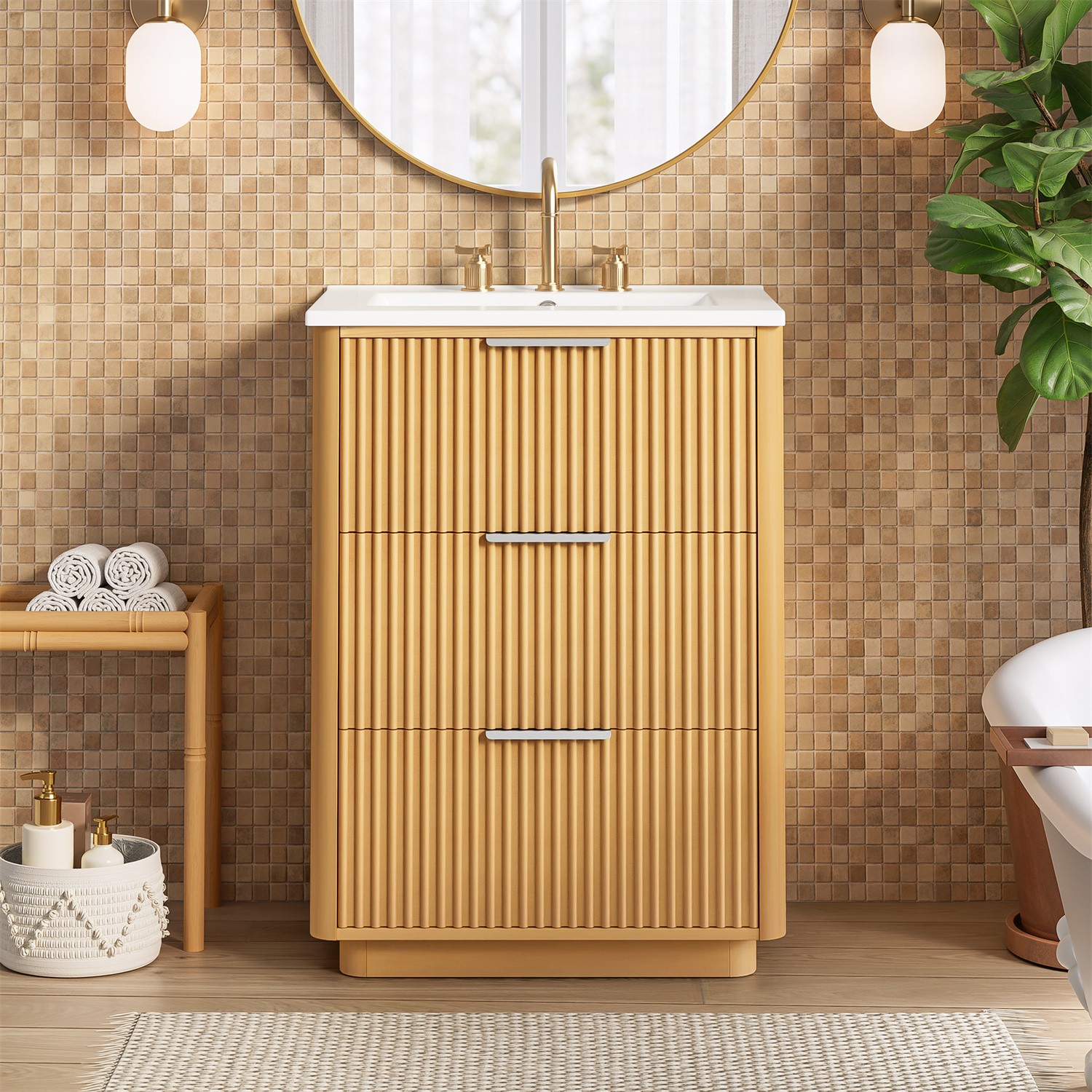 Modern 24″ Bathroom Vanity with Ceramic Sink Bathroom Cabinet with 3 Drawers