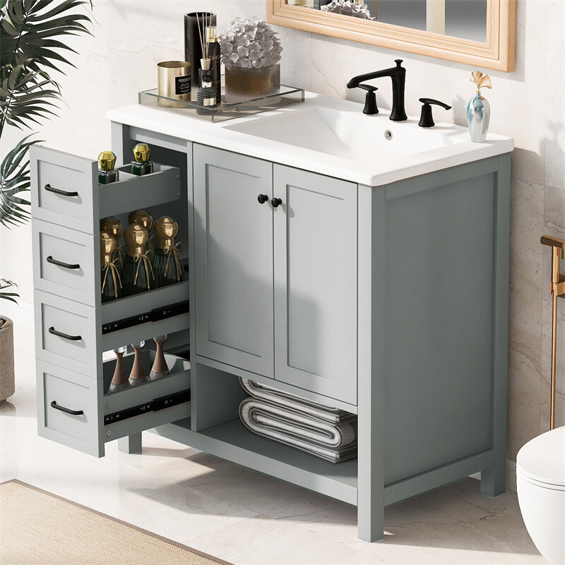 36″ Gray Bathroom Vanity with Sink Top,Vanity Cabinet with 2 Doors & 2 Drawers