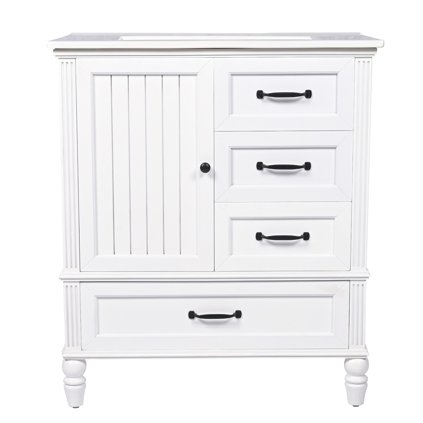 30″ Bathroom Vanity with Sink, Bathroom Cabinet with A Door, Three Drawers White