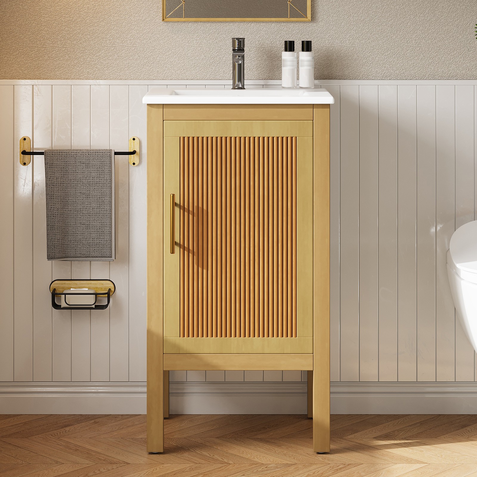 18 Inch Bathroom Vanity with Ceramic Sink, Storage Cabinet, Natural Wood