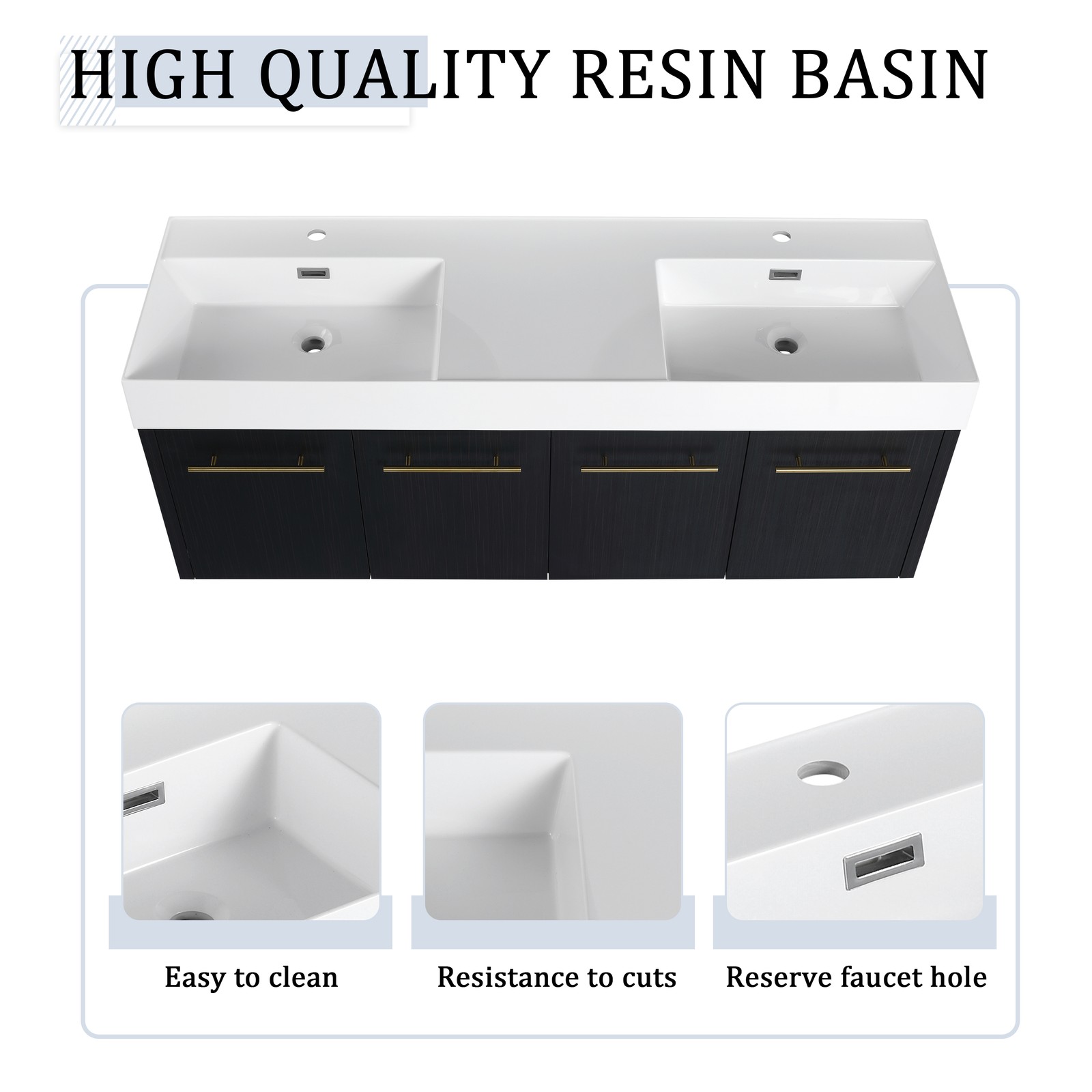 60 In Floating Wall-Mounted Bathroom Vanity Cabinet W/ Double Resin Top Basin