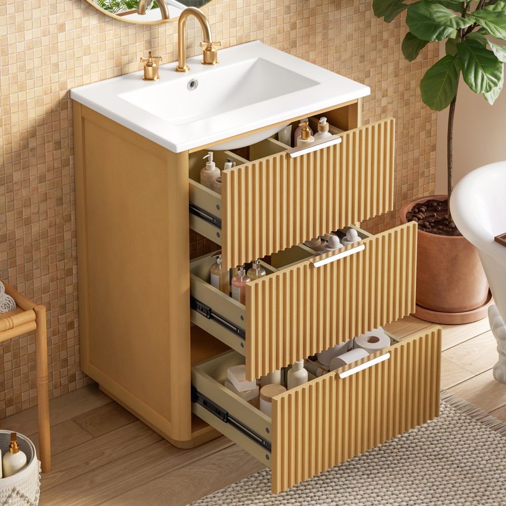 24 Inch Modern Luxury Bathroom Vanity Natural Wood Cabinet with Ceramic