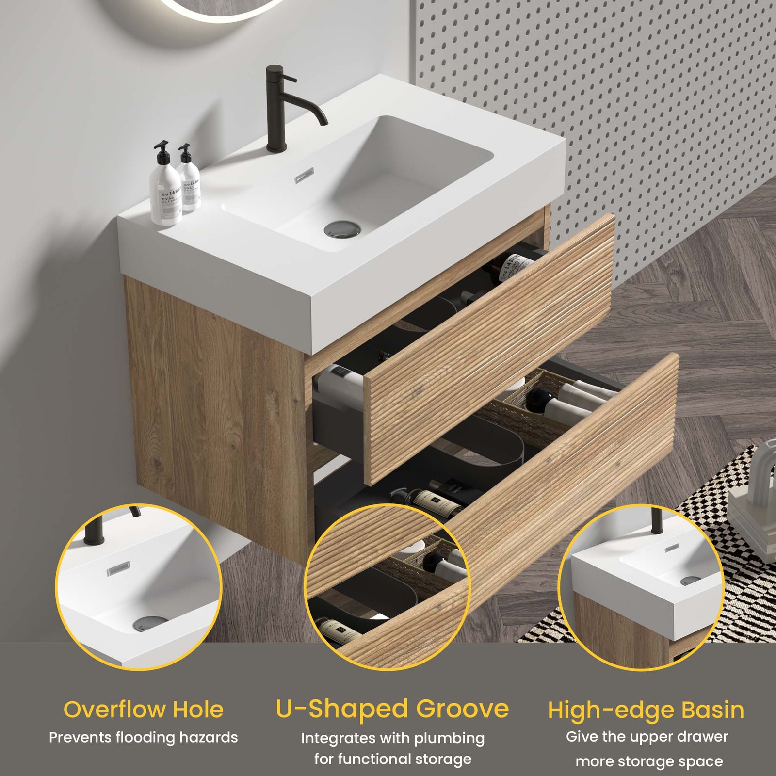 30″ Rough Oak Floating Bathroom Vanity with White Sink & Drawers