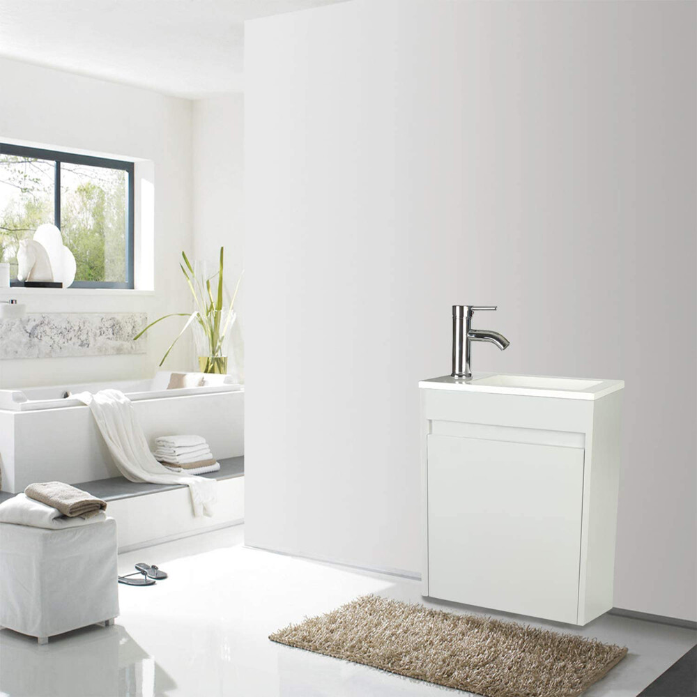 16″Bathroom Vanity Wall Mount Cabinet Resin Sink Faucet Vessel Drain Combo Set