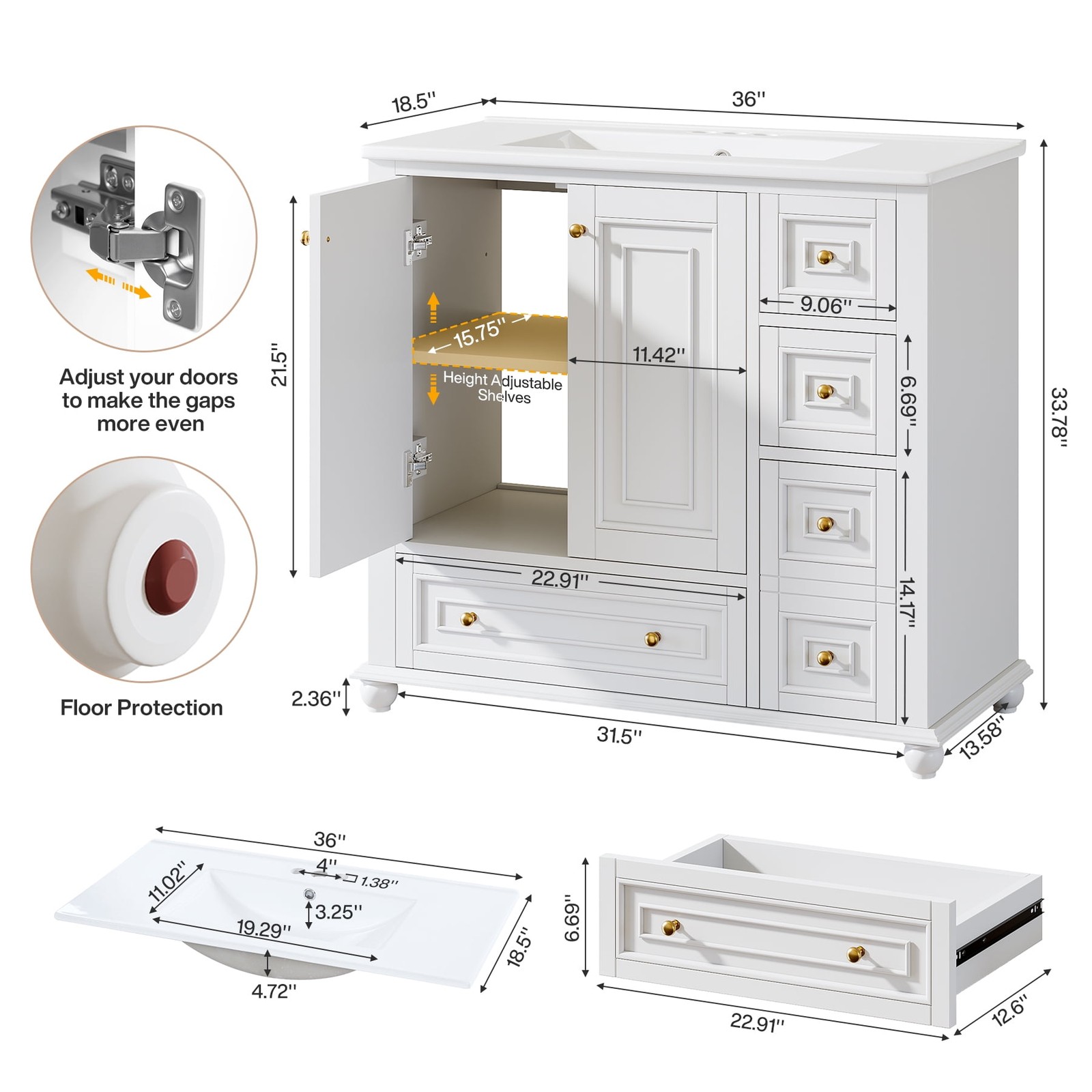 36” Bathroom Vanity with Ceramic Sink，Modern Wood Storage Cabinet with Drawers