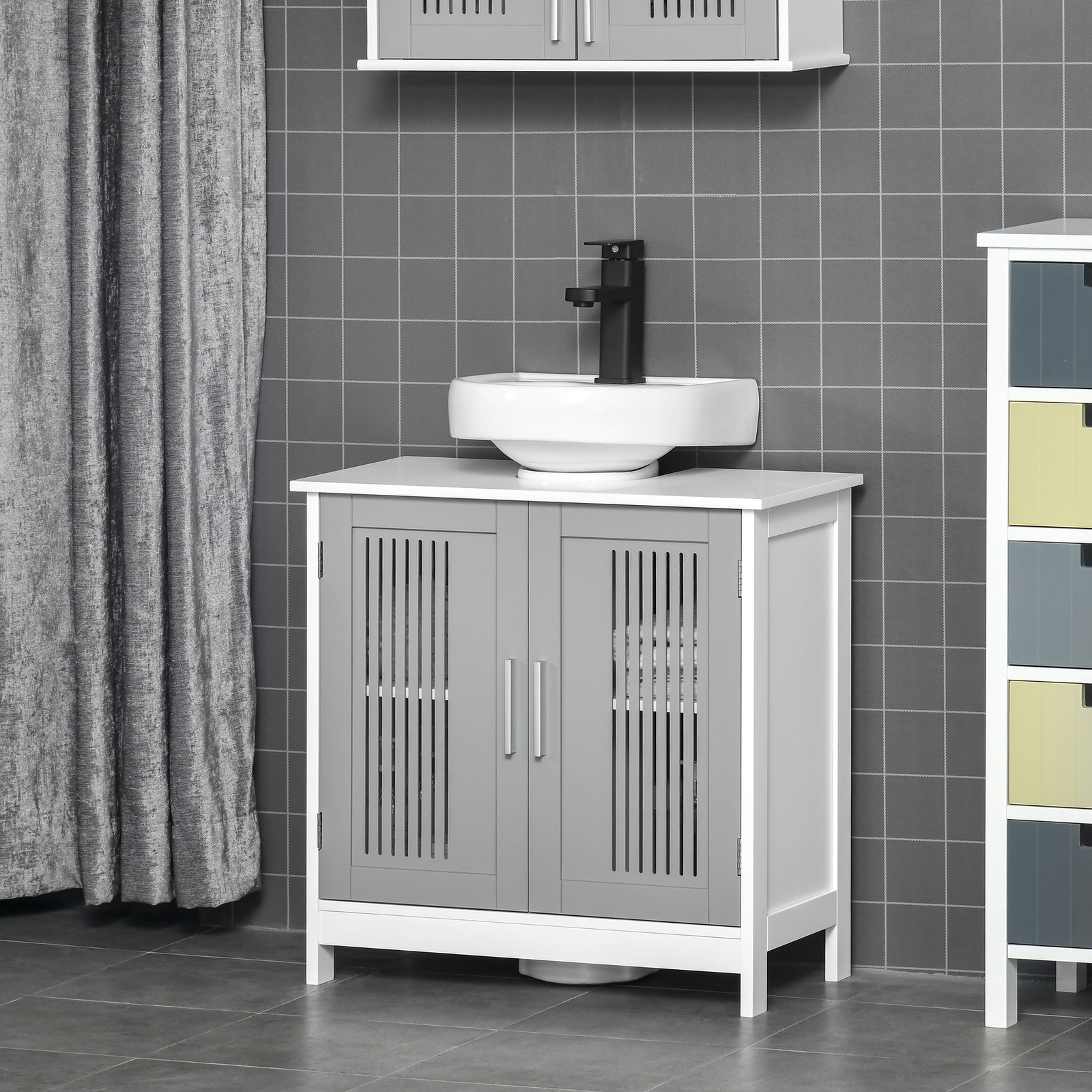 Bathroom Pedestal Under Sink Cabinet with Storage Shelf, Grey White