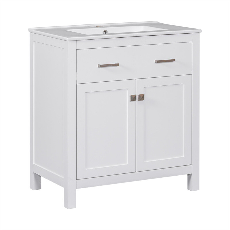 30-inch White Bathroom Vanity w/Ceramic Sink,Soft Close Doors & Flip-out Drawer