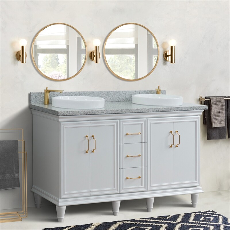 61 in. Double Wooden Vanity White Gray Granite Round Sink
