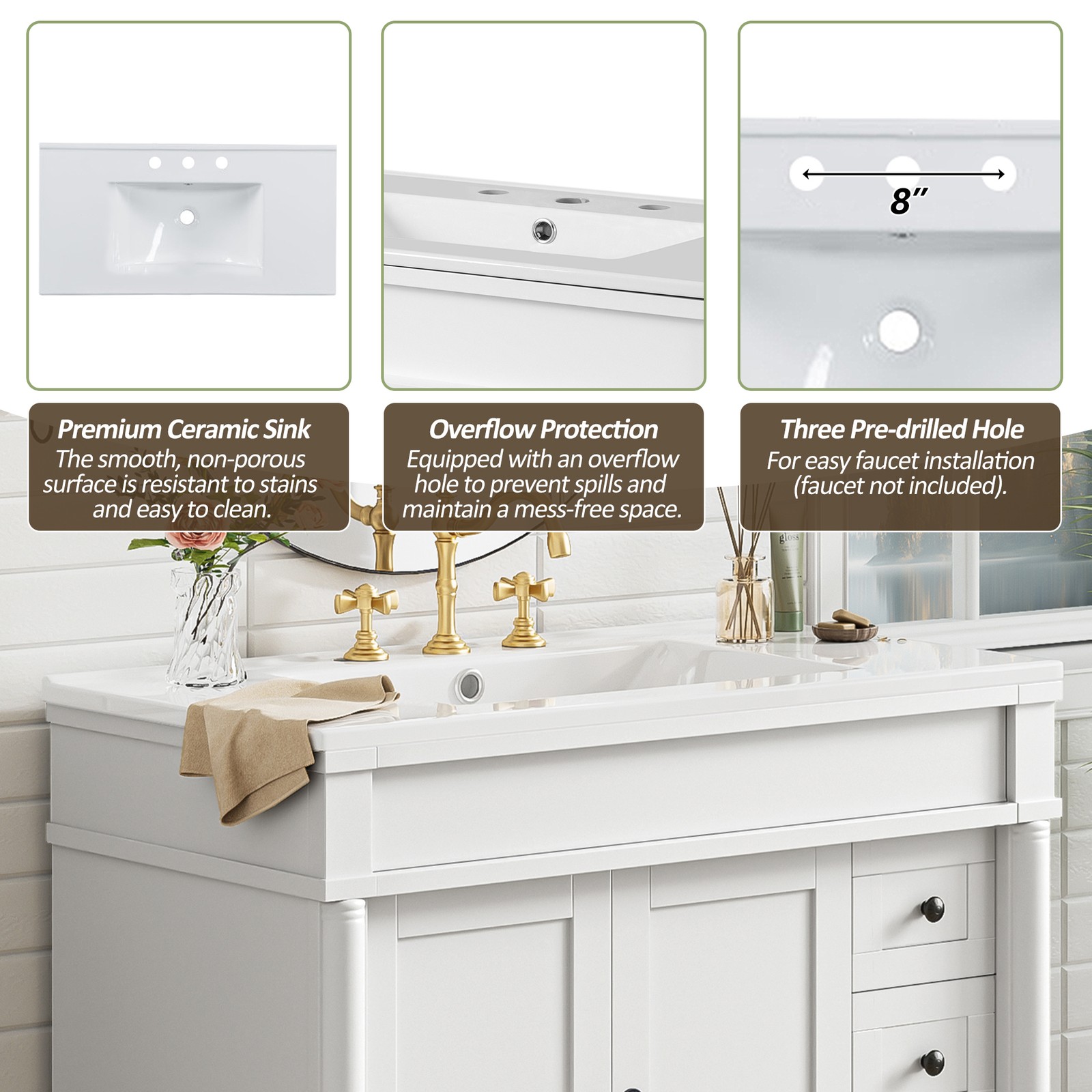 36″ Bathroom Vanity w/Two Soft Close Doors & 3 Drawers Bathroom Storage Cabinet