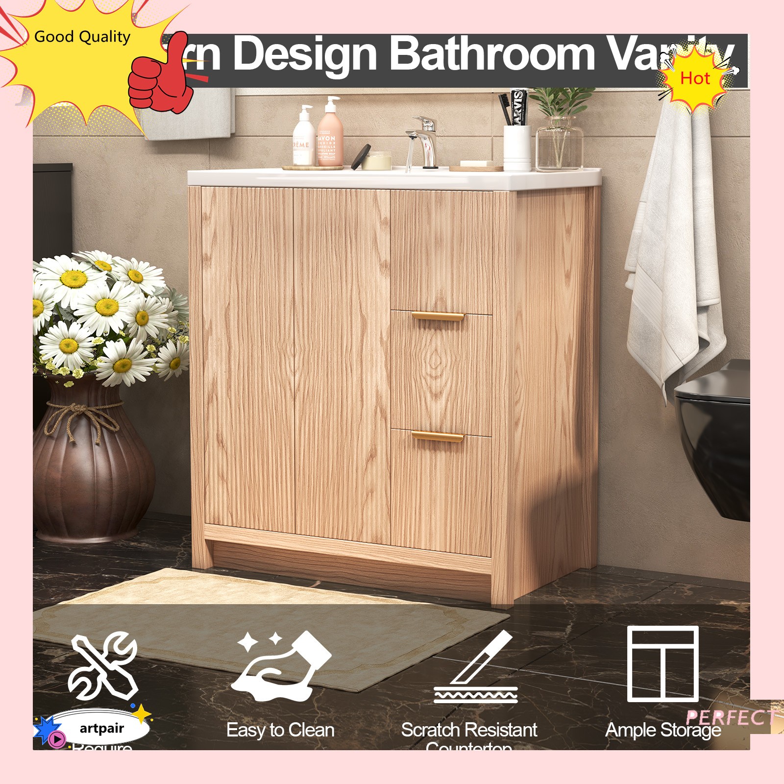 31 Inch Vanity Wood Bathroom Vanity Cabinet W/ Countertop Ceramic Sink USA STOCK