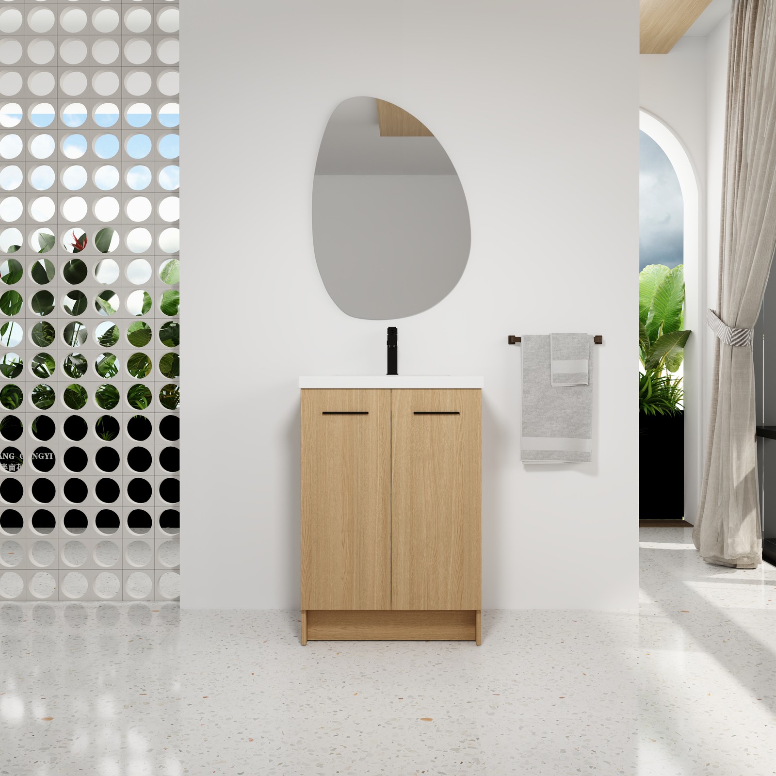 24″ Freestanding Bathroom Vanity with Resin Sink, Light Oak