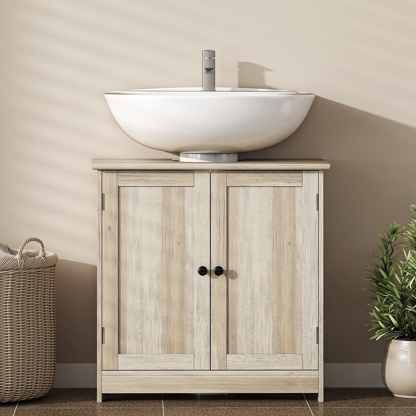 Under Sink Bathroom Cabinet with 2 Doors and Shelf, Weathered Gray Oak