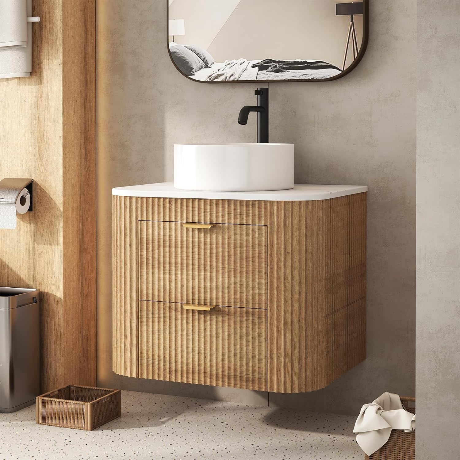 24 Inch Bathroom Vanity W/ Sink Floating Vanity W/ Ceramic Sink Combo Fluted
