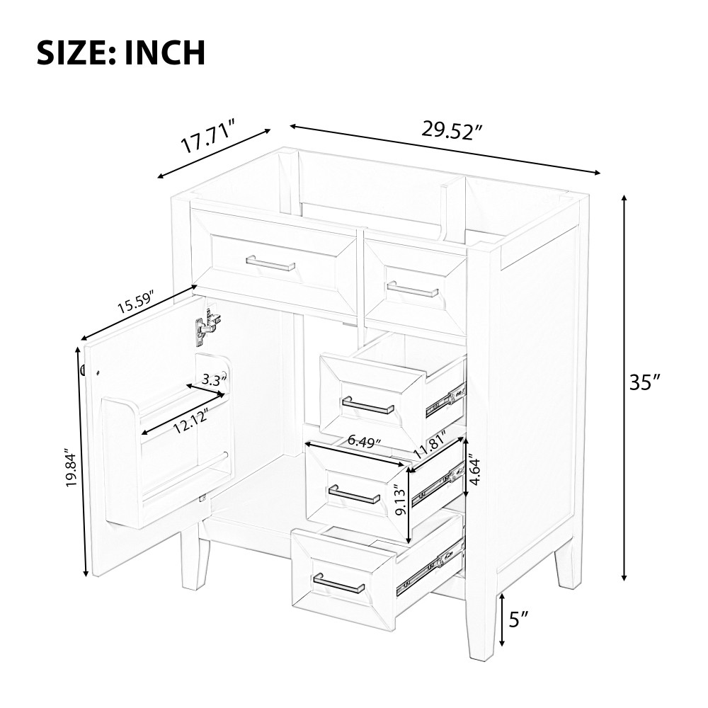 Vanity with Three Sliding Drawers and Shelves For Bathrooms Without Sinks