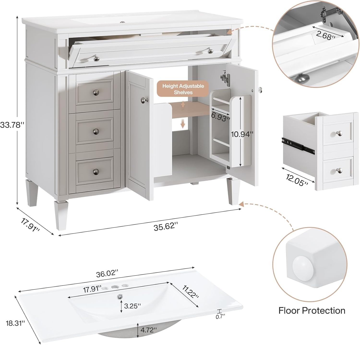 36″ Bathroom Vanity with Sink with 4 Drawers & 2 Doors, Bathroom Sink Cabinet