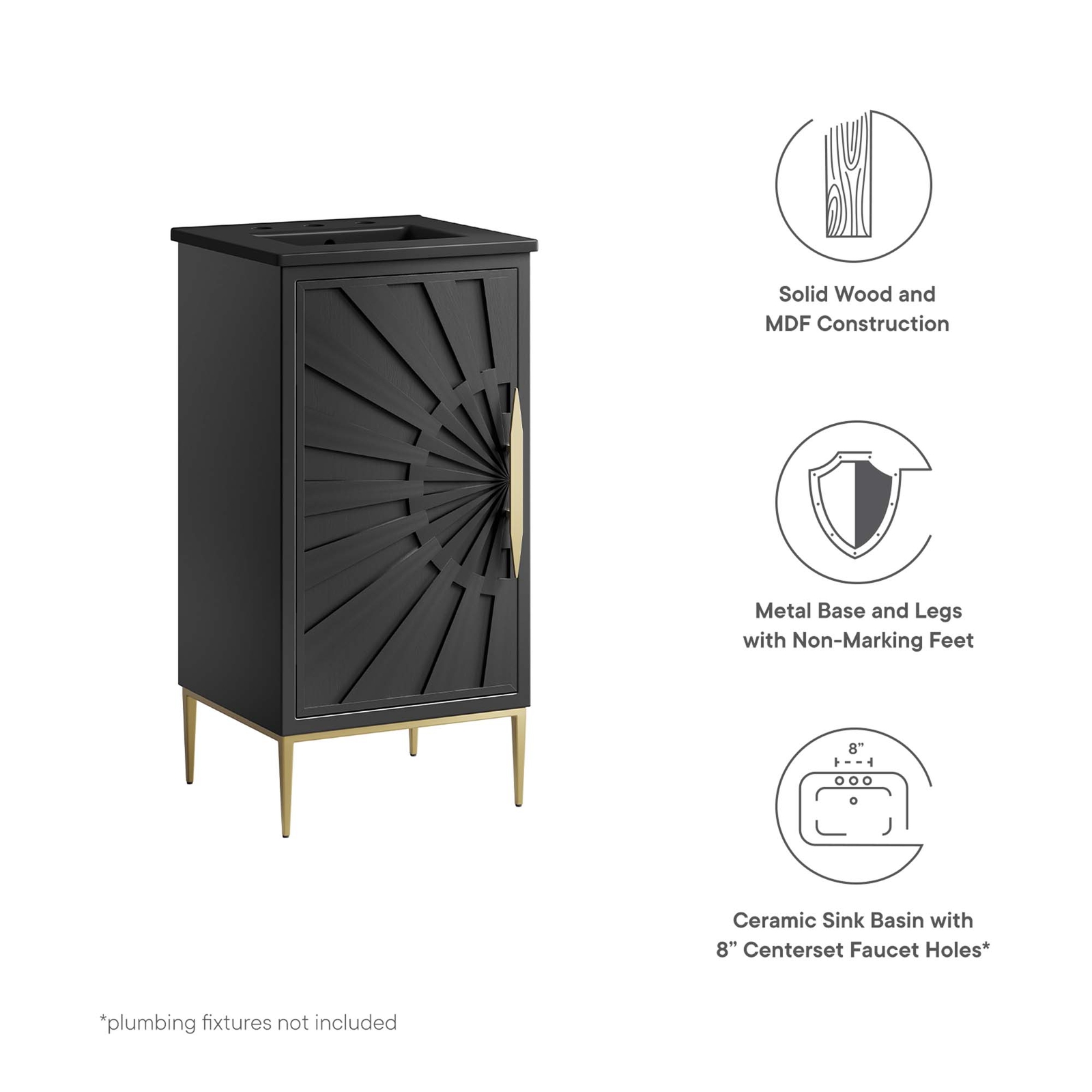 Modway Awaken 18″ Bathroom Vanity Cabinet in Black Black With Ceramic Sink Basin