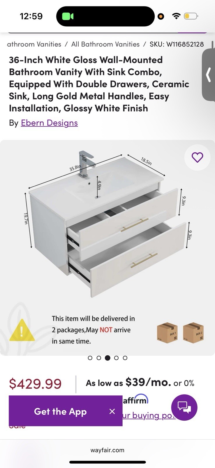 36-Inch Wall-Mounted Vanity, Glossy White, Ceramic Sink, 2 Drawers