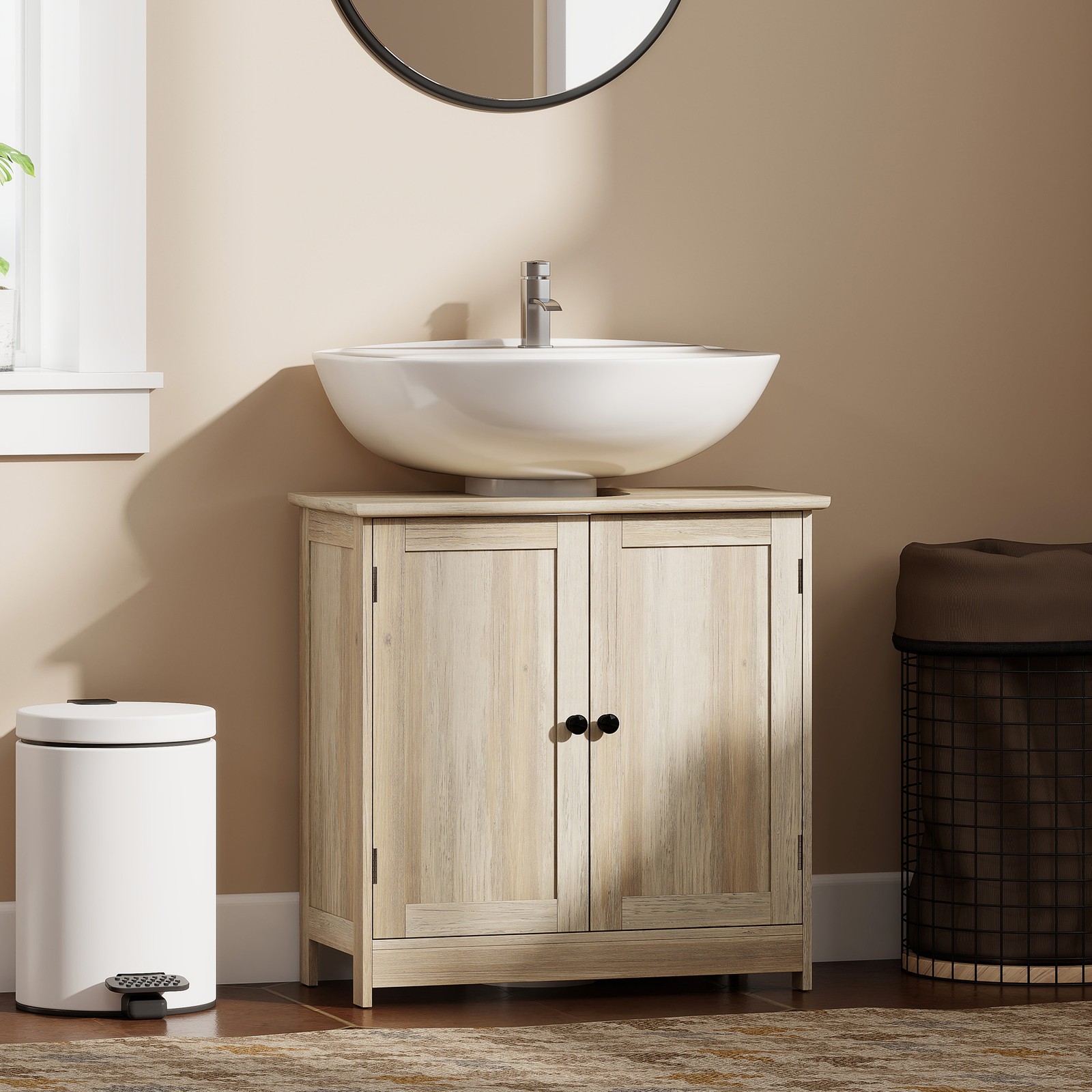 Under Sink Bathroom Cabinet with 2 Doors and Shelf, Weathered Gray Oak