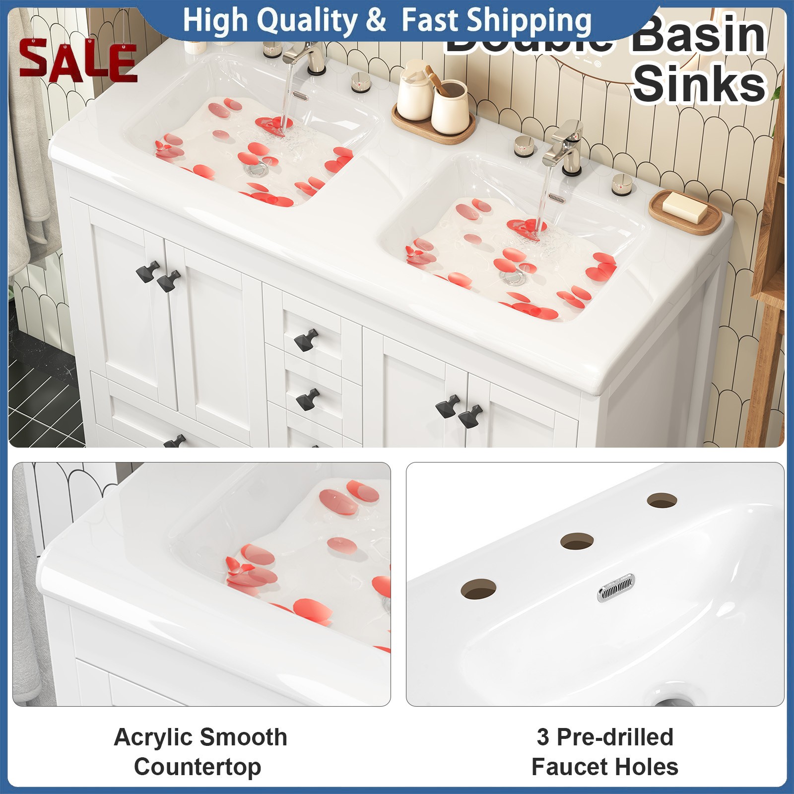 Modern 47-inch Double-Sink Freestanding Vanity with 6 Drawers and Cabinet White