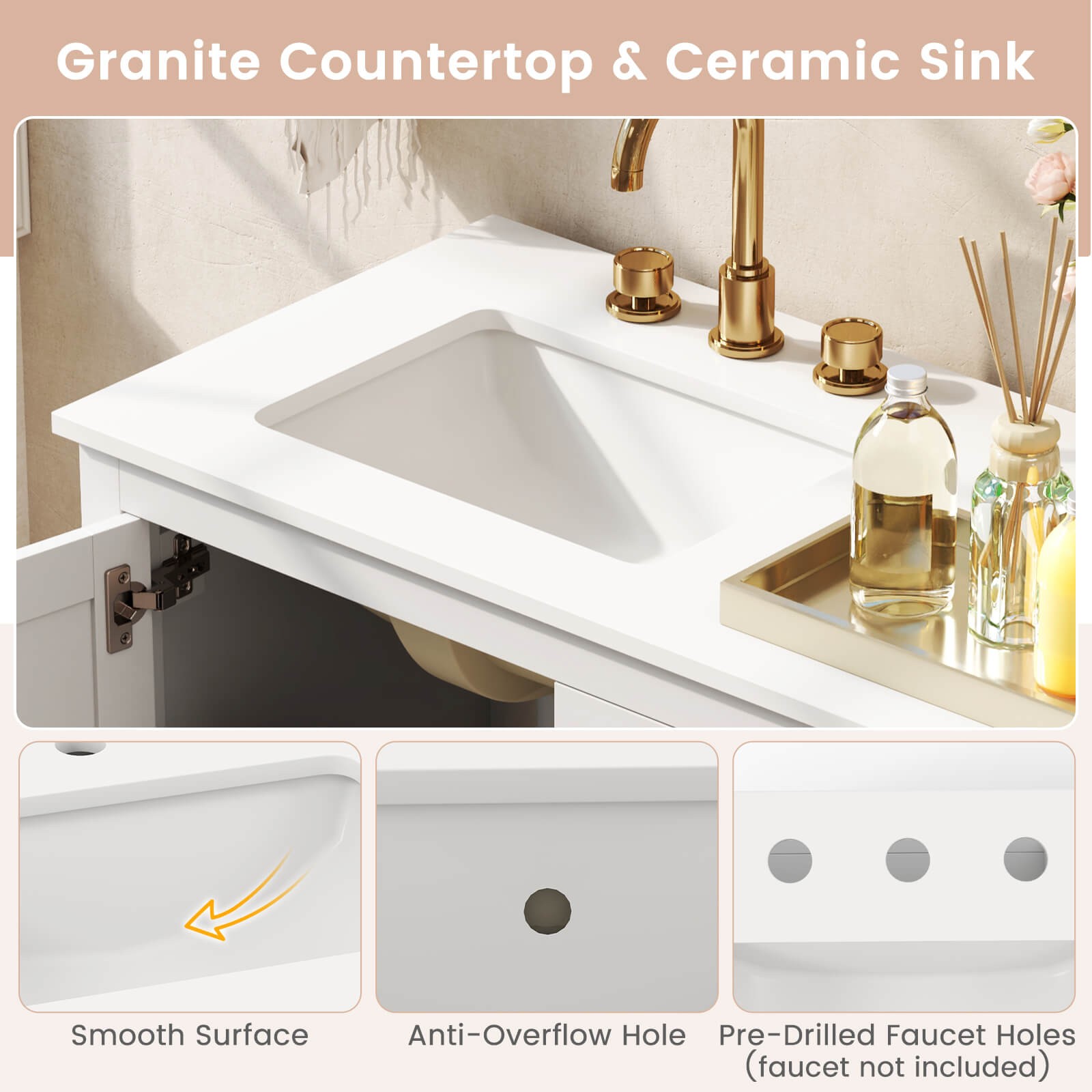Bathroom Vanity Unit w/ Basin w/ Extra Wide Granite Countertop Ceramic Sink