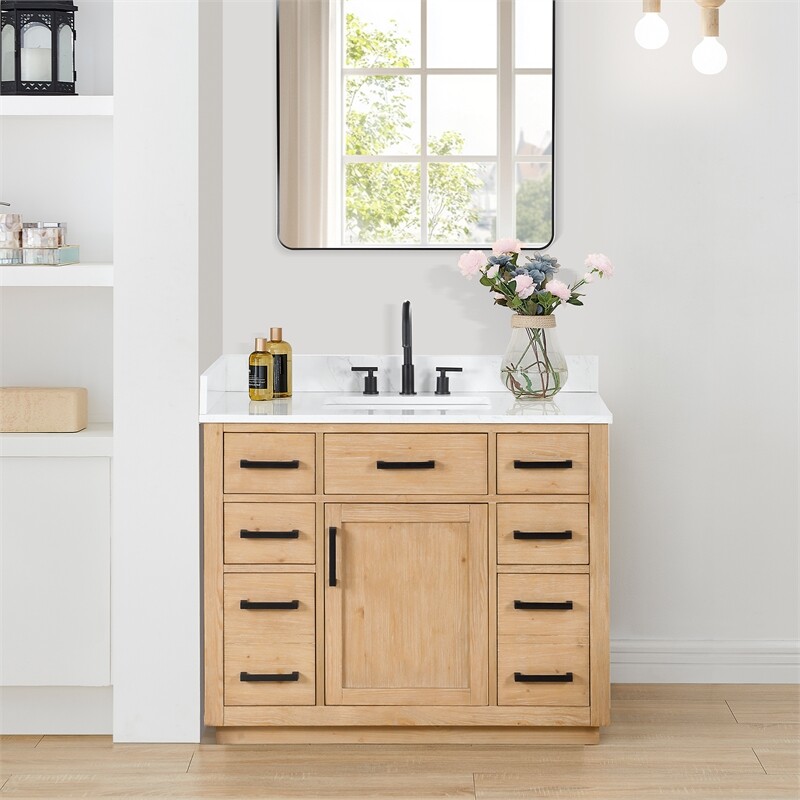 Gavino 42″ Wood Vanity in Light Brown with Composite Stone Top no Mirror