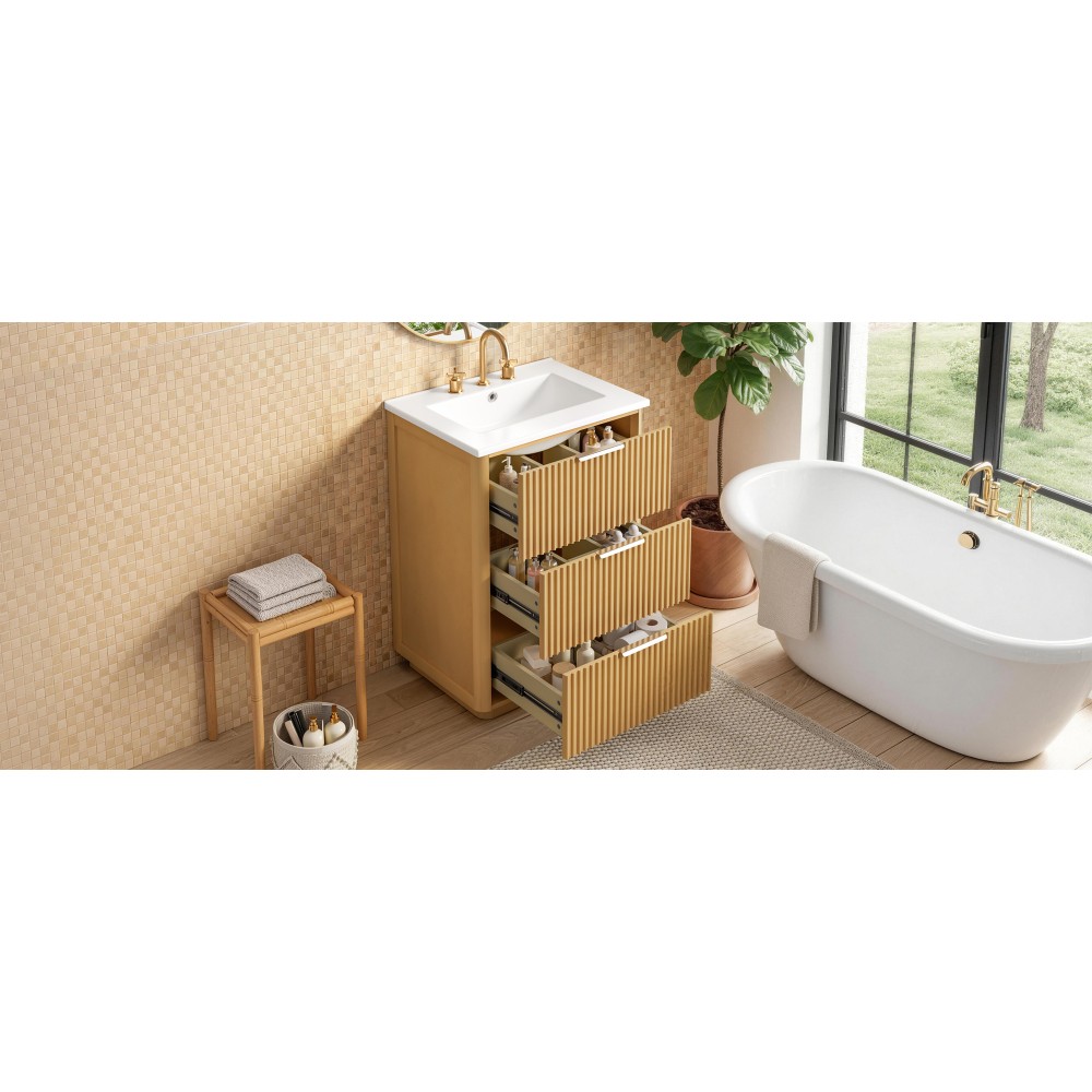 24 Inch Modern Luxury Bathroom Vanity Natural Wood Cabinet with Ceramic